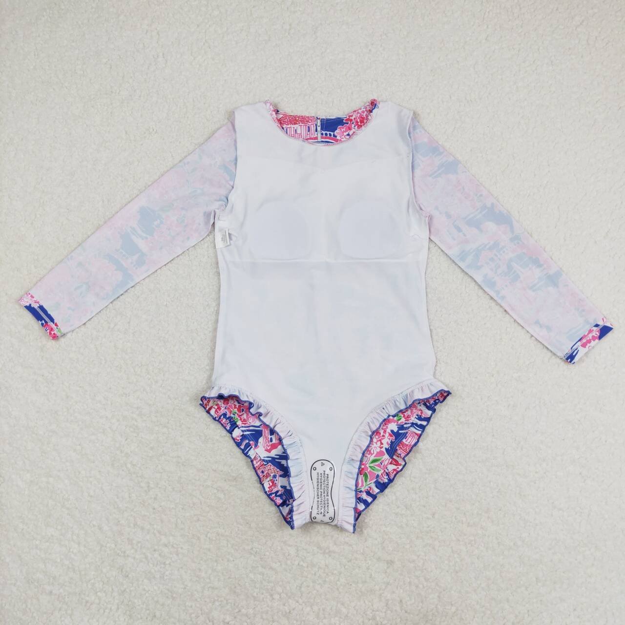 S0376 Flowers Print Girls 1 Piece Long Sleeve Zipper Swimsuits