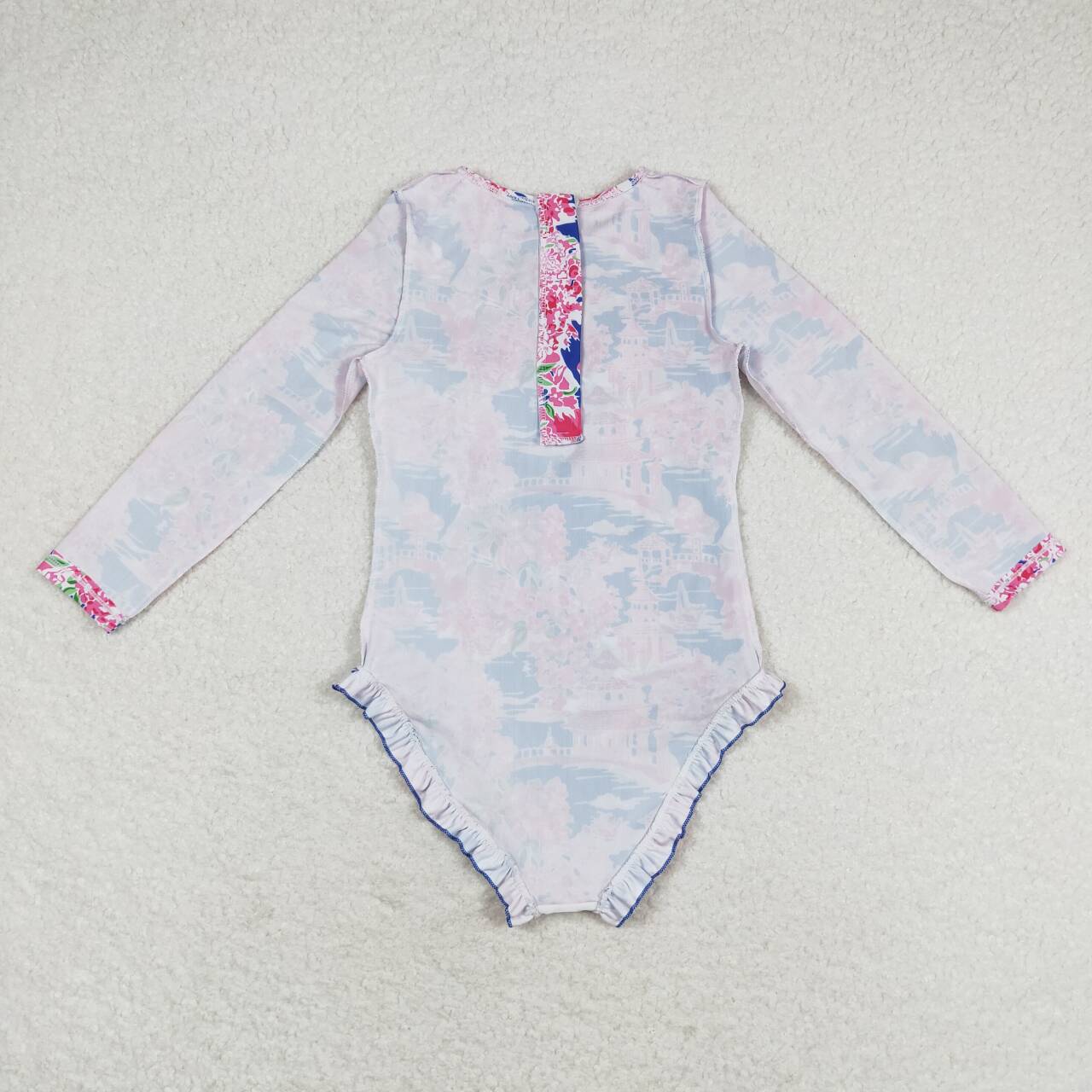 S0376 Flowers Print Girls 1 Piece Long Sleeve Zipper Swimsuits