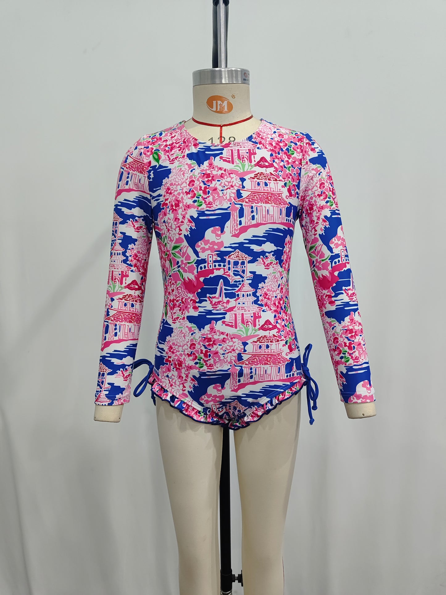 S0376 Flowers Print Girls 1 Piece Long Sleeve Zipper Swimsuits