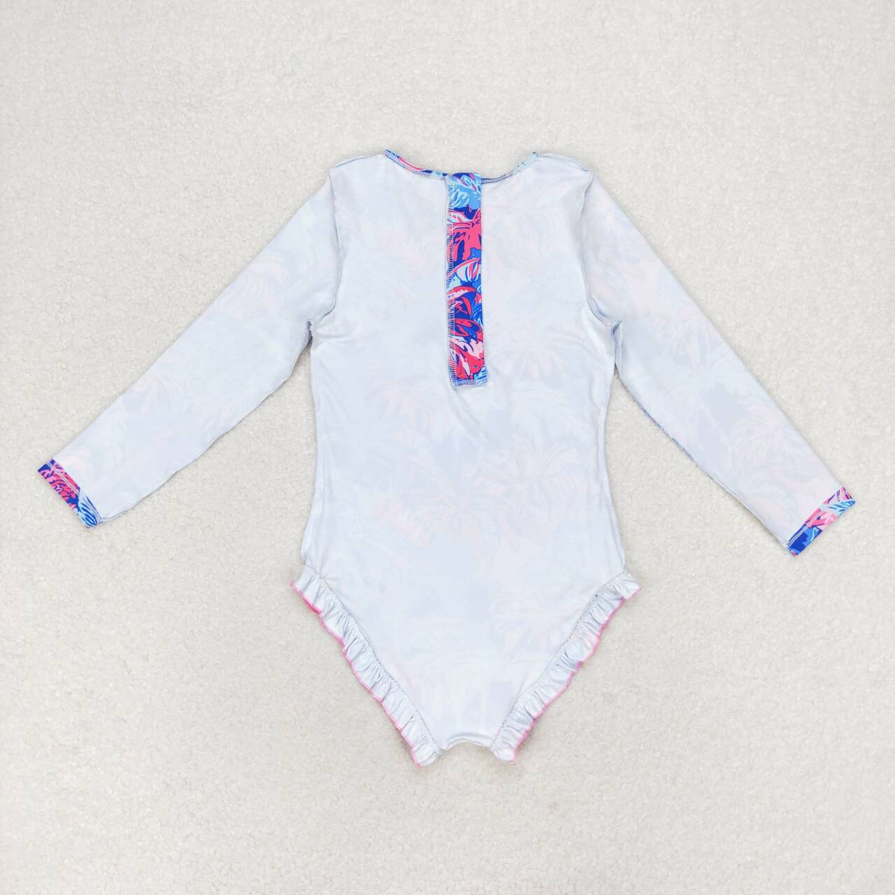 S0377 Coconut Tree Purple Print Girls 1 Piece Long Sleeve Zipper Swimsuits