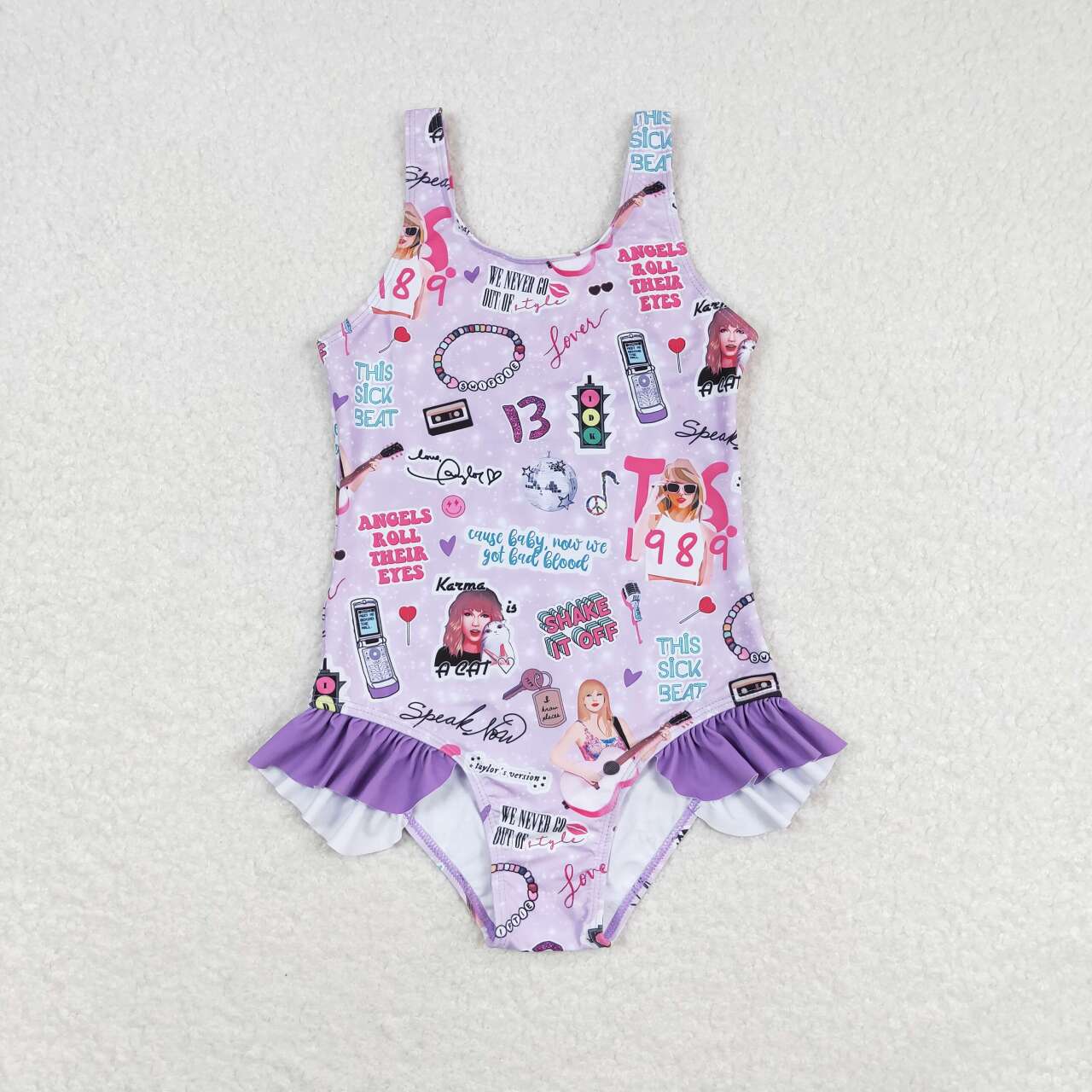 S0388 Purple Singer Swiftie Print Girls 1 Piece Swimsuits
