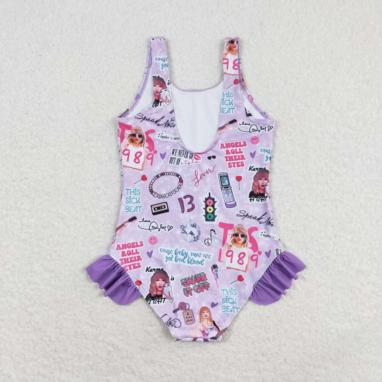 S0388 Purple Singer Swiftie Print Girls 1 Piece Swimsuits