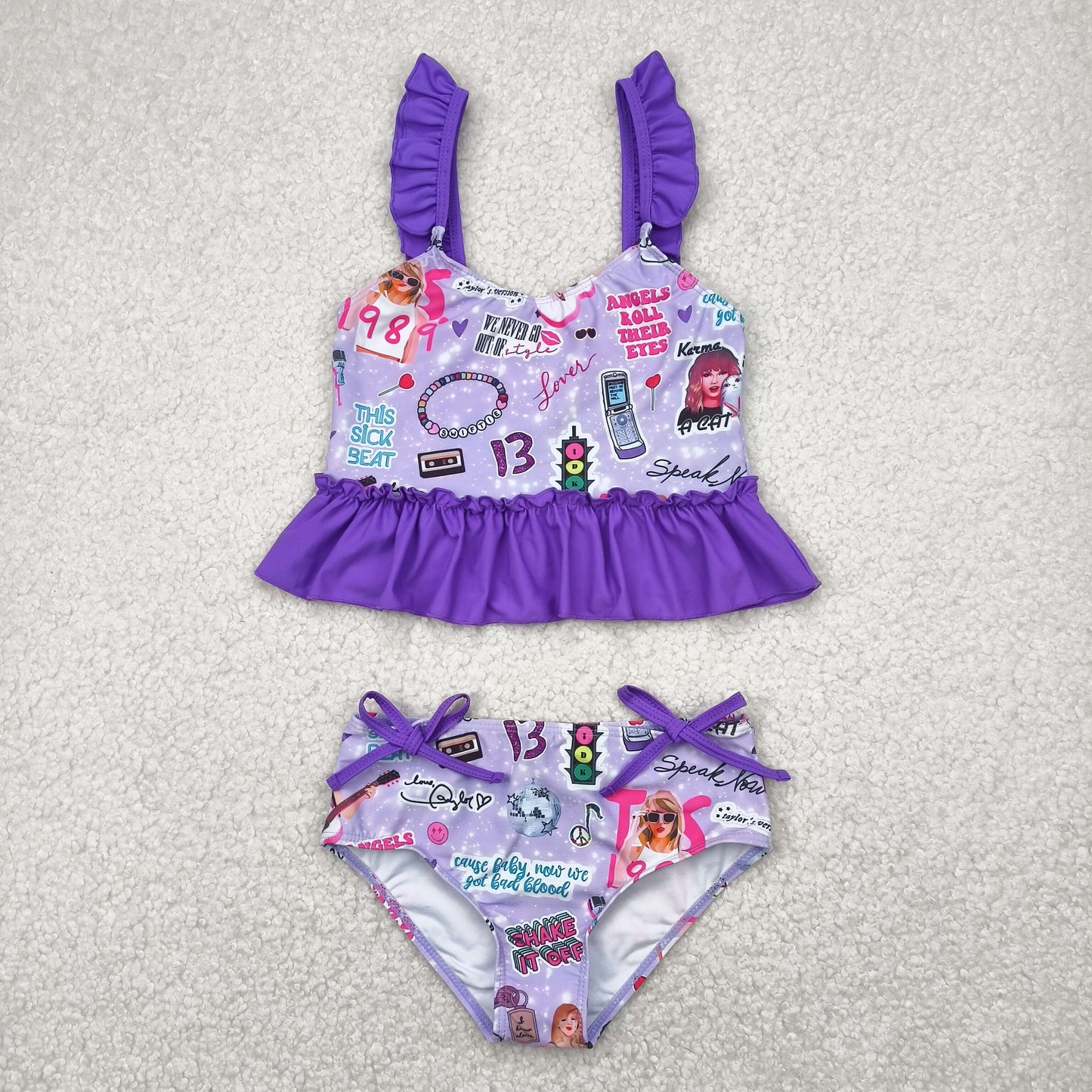 S0389 Purple Singer Swiftie Print Girls 2 Pieces Swimsuits