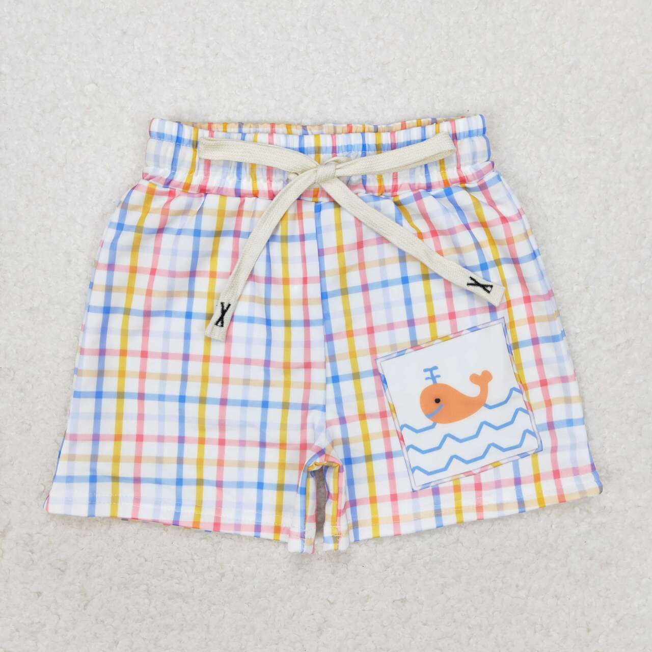S0400 Whale Plaid Print Boys Swim Trunks