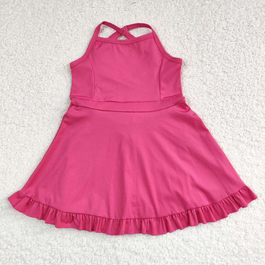 S0440 Hotpink Color Girls Knee Length Shorts Yoga Dress 1 Pieces Swimsuits