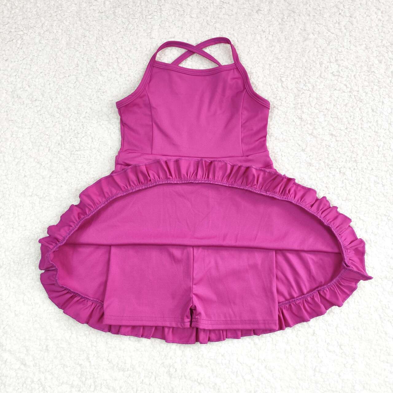 S0441 Purple Color Girls Knee Length Shorts Yoga Dress 1 Pieces Swimsuits