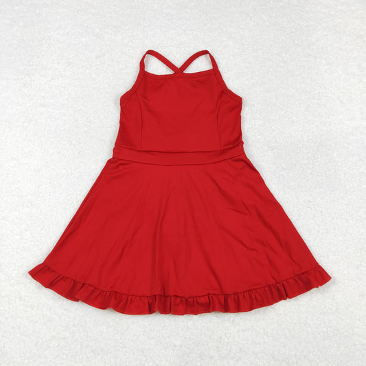 S0453 Red Color Girls Knee Length Shorts Yoga Dress 1 Pieces Swimsuits
