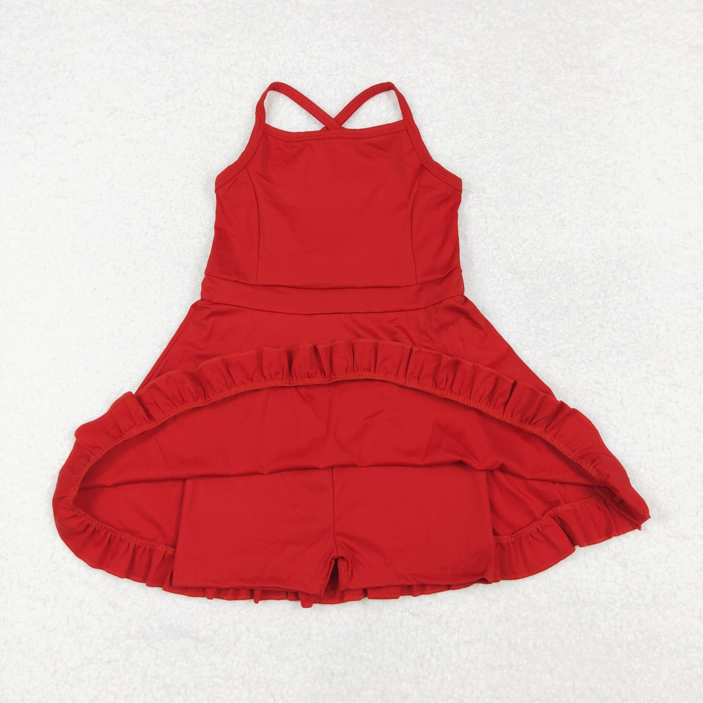 S0453 Red Color Girls Knee Length Shorts Yoga Dress 1 Pieces Swimsuits