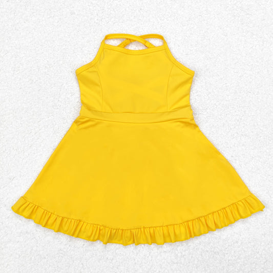 S0455 Yellow Color Girls Knee Length Shorts Yoga Dress 1 Pieces Swimsuits