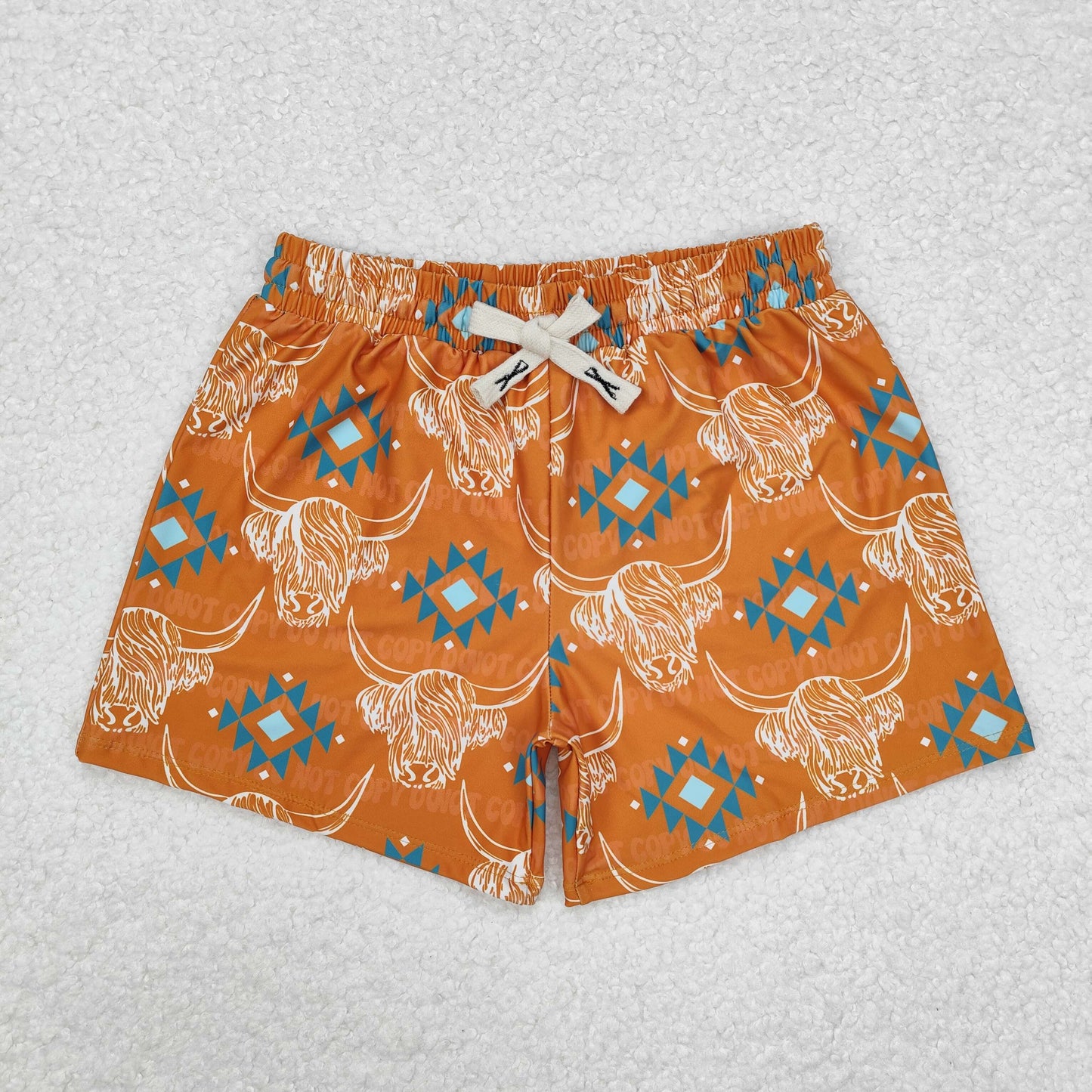 S0463  Highland Cow Aztec Print Boys Summer Swim Trunks