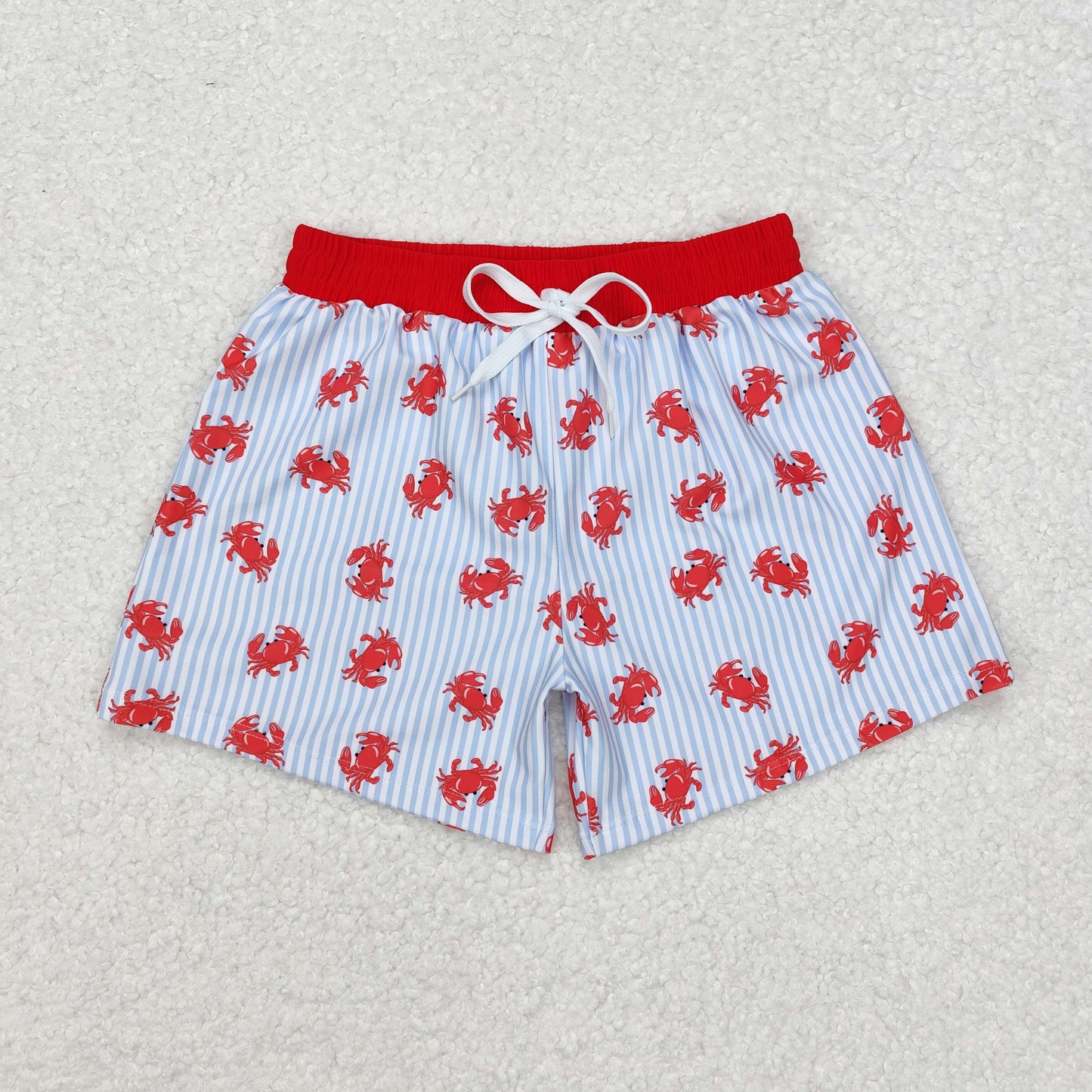 S0465 Red Crab Blue Stripes Print Boys Summer Swim Trunks