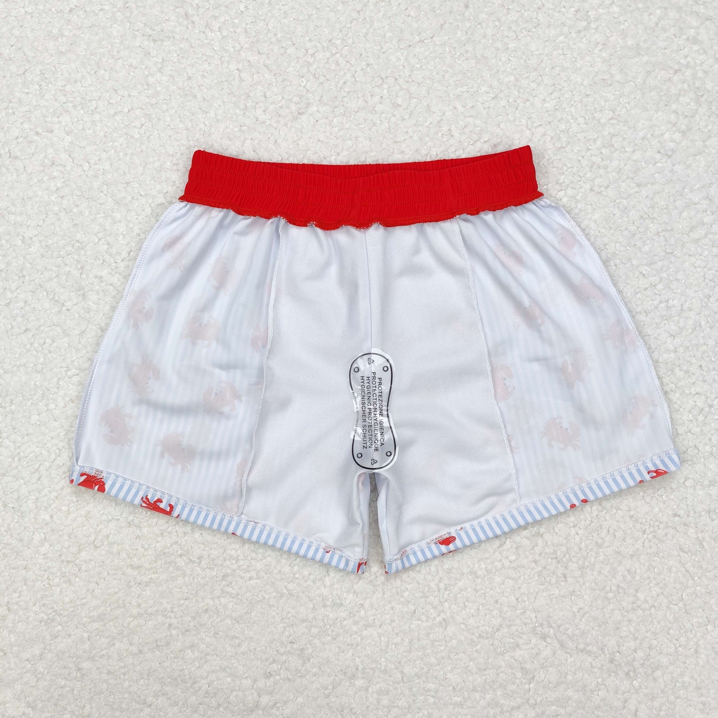 S0465 Red Crab Blue Stripes Print Boys Summer Swim Trunks