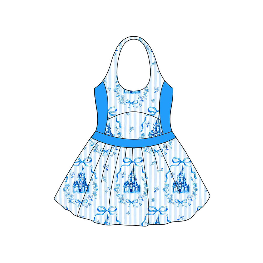 (Pre-order)S0538 Blue Flowers Castle Bows Print Girls Summer 1 Piece Swimsuits