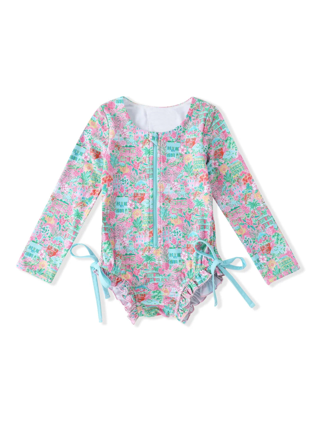 (Pre-order)S0539 Pink Flowers Print Girls Long Sleeve 1 Piece Swimsuits