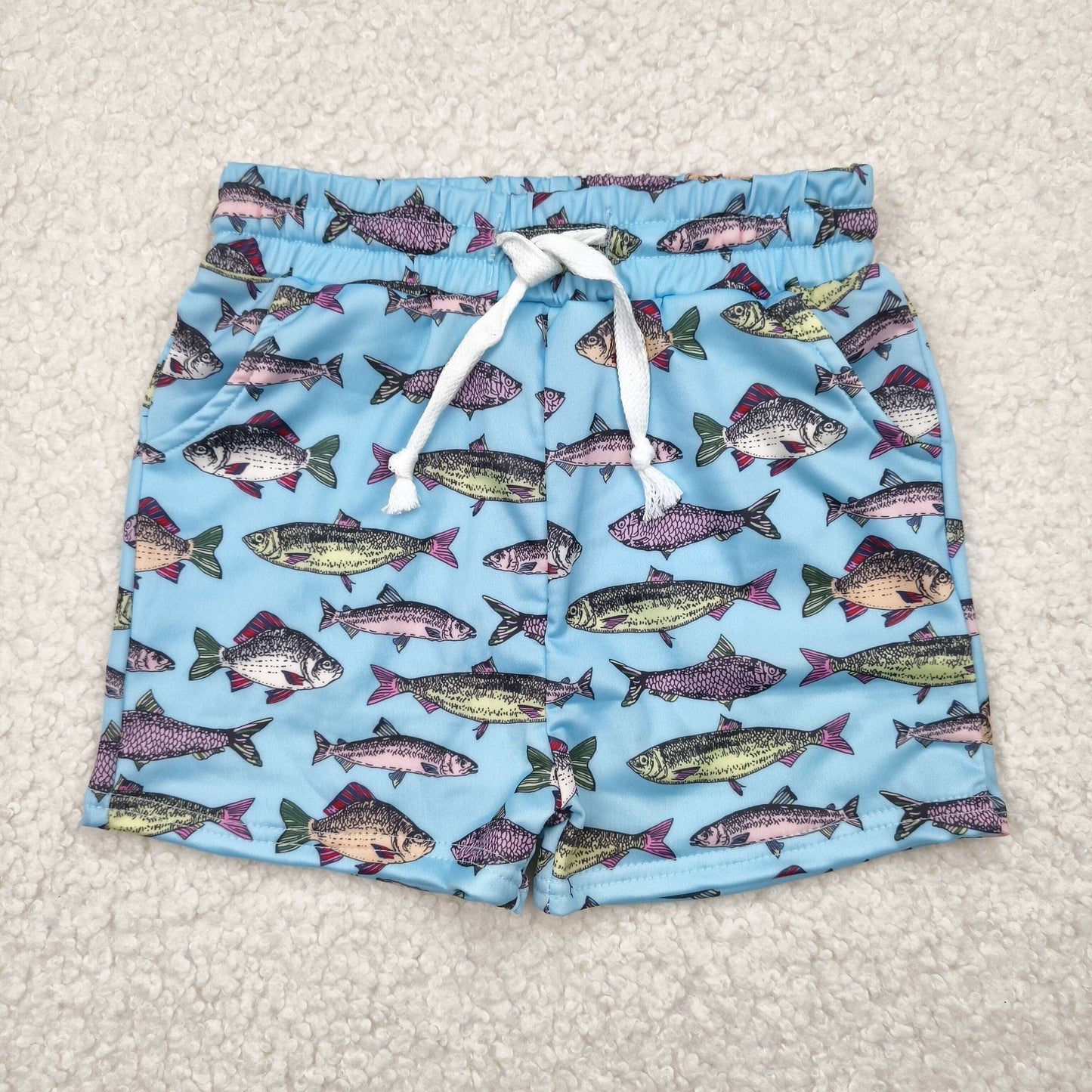 S0542 Fish Blue Print Boys Summer Swim Trunks