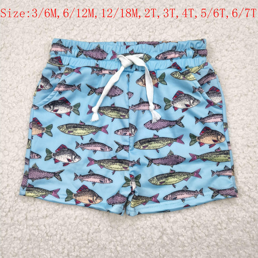 S0542 Fish Blue Print Boys Summer Swim Trunks