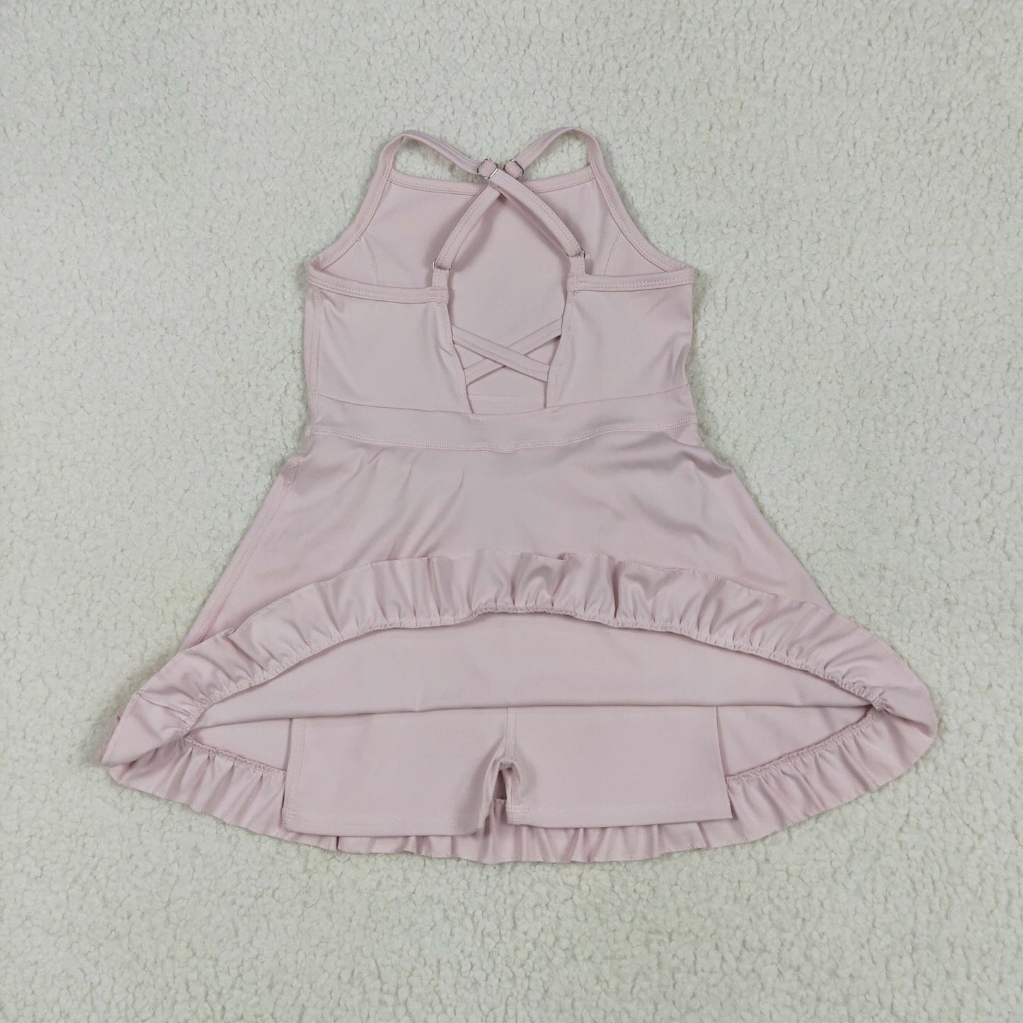 S0553 Pink Color Girls Knee Length Shorts Yoga Dress 1 Pieces Swimsuits