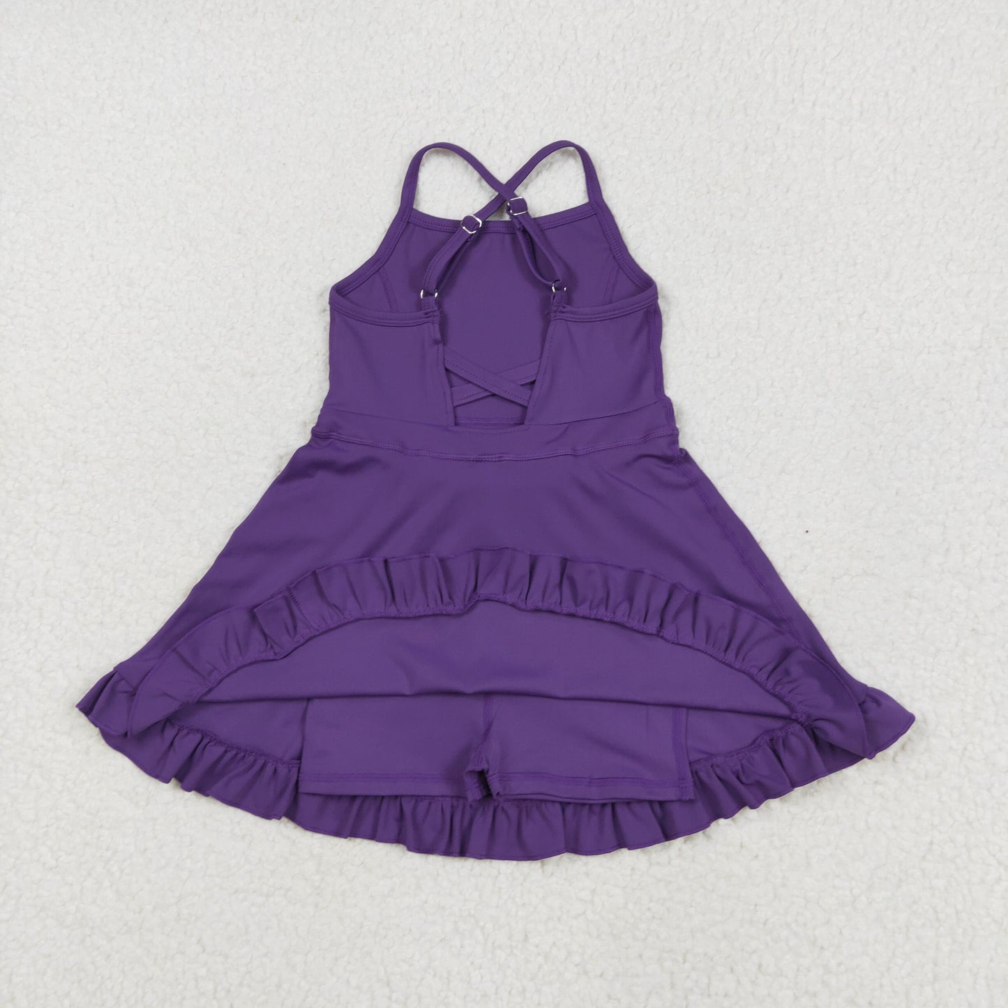 S0554 Purple Color Girls Knee Length Shorts Yoga Dress 1 Pieces Swimsuits