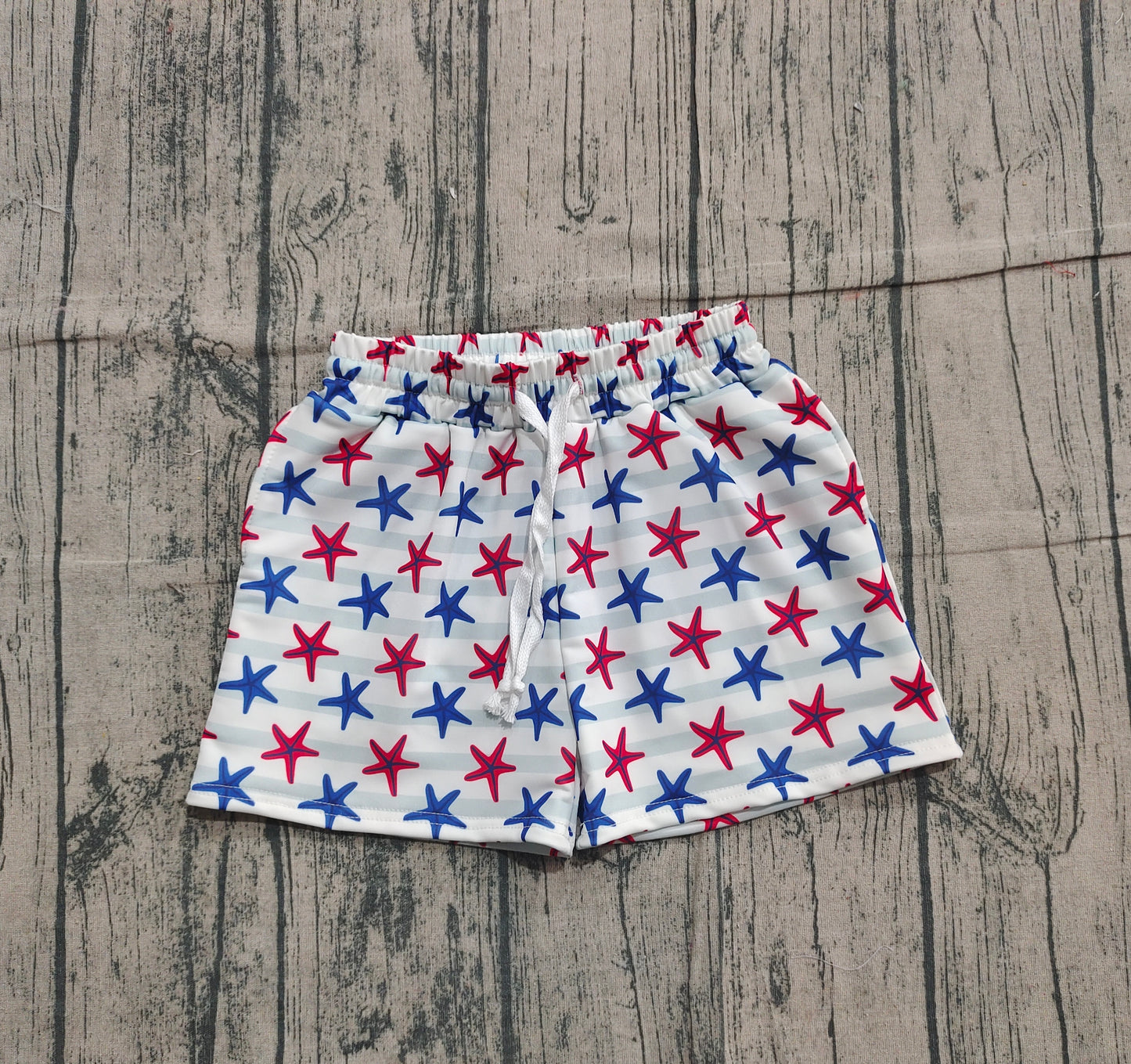 (Pre-order)S0588 Starfish Stripes Print Boys Summer Swim Trunks