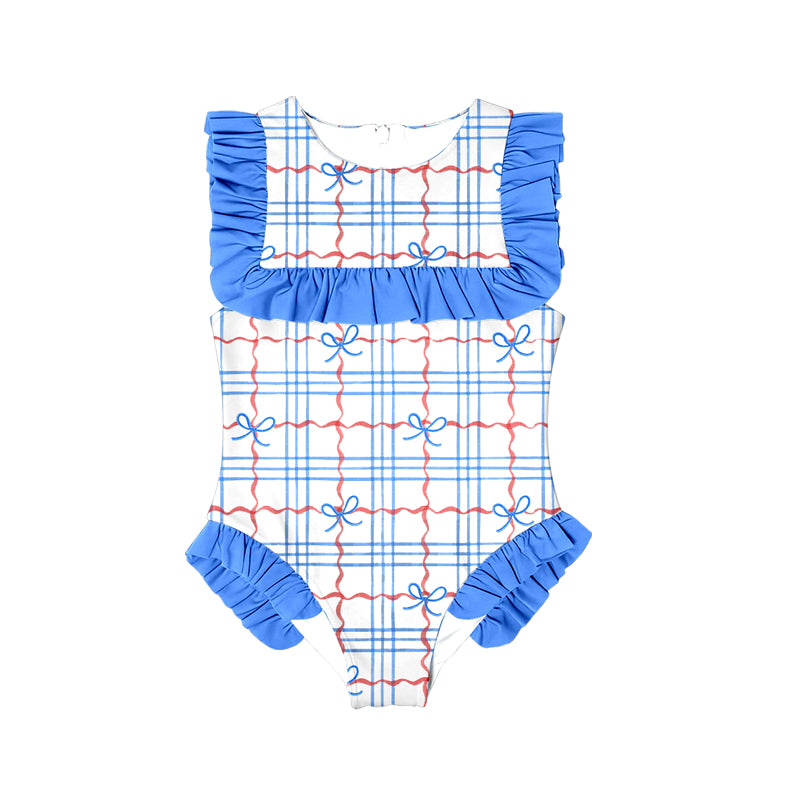 (Pre-order)S0590  Bows Plaid Print Girls 4th of July Ruffle 1 Piece Swimsuits