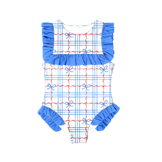 (Pre-order)S0590  Bows Plaid Print Girls 4th of July Ruffle 1 Piece Swimsuits