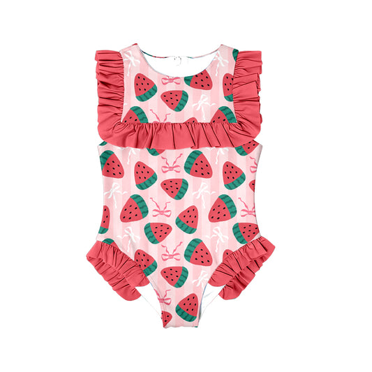 (Pre-order)S0591  Strawberry Bows Print Girls Summer Ruffle 1 Piece Swimsuits