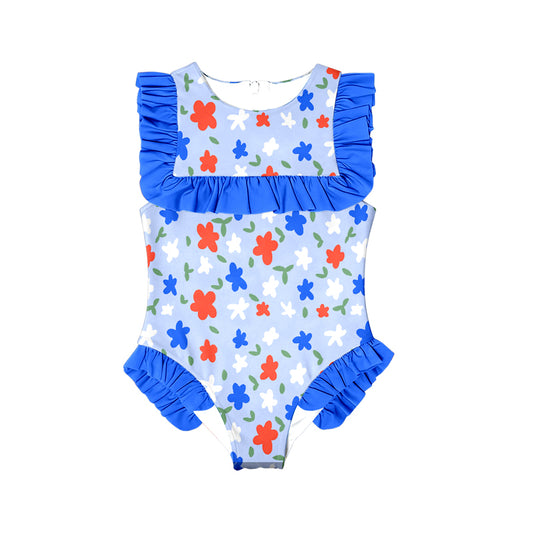 (Pre-order)S0592  Red Blue Flowers Print Girls 4th of July Ruffle 1 Piece Swimsuits