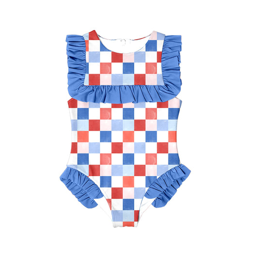 (Pre-order)S0593  Red Blue Plaid Print Girls 4th of July Ruffle 1 Piece Swimsuits