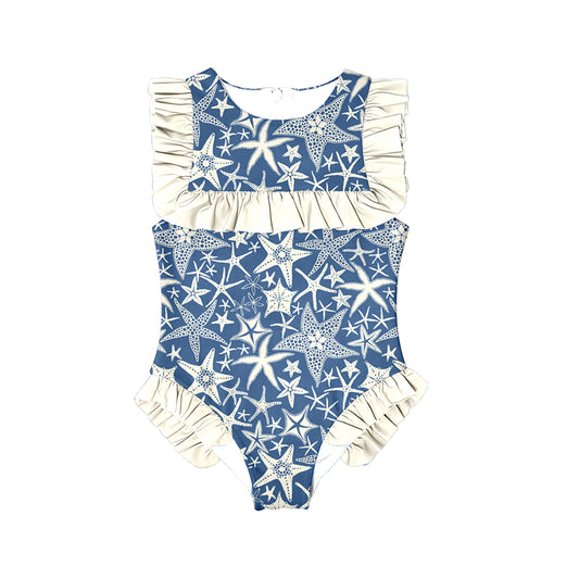 (Pre-order)S0594  Starfish Print Girls Summer Ruffle 1 Piece Swimsuits