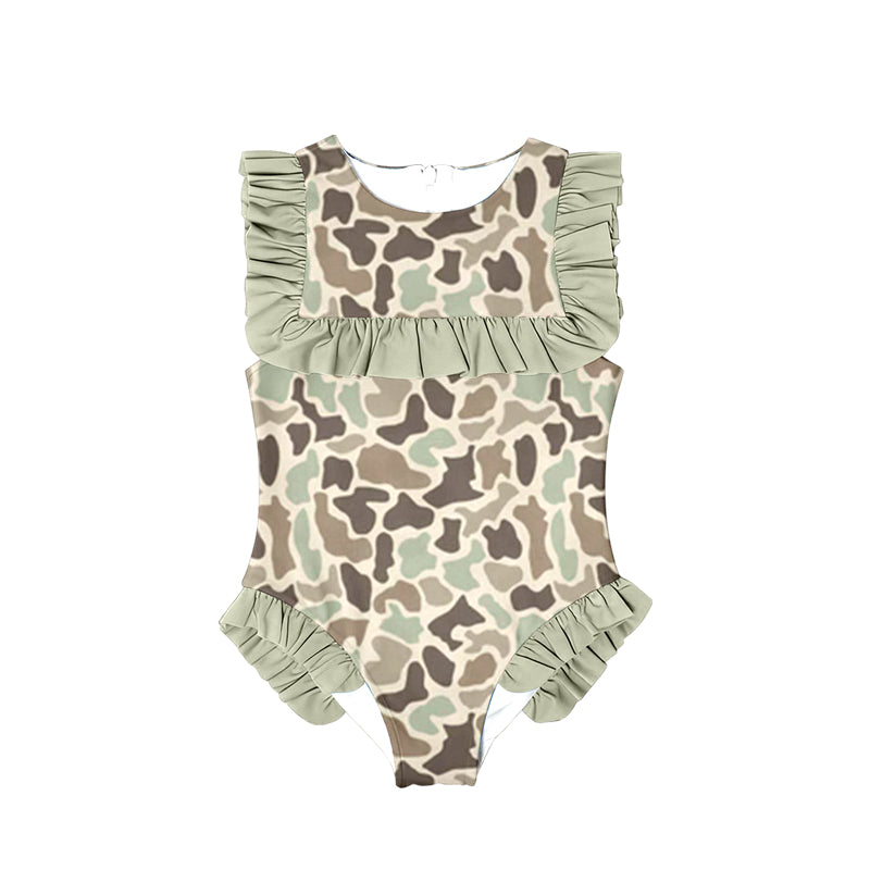 (Pre-order)S0595  Camo Print Girls Summer Ruffle 1 Piece Swimsuits