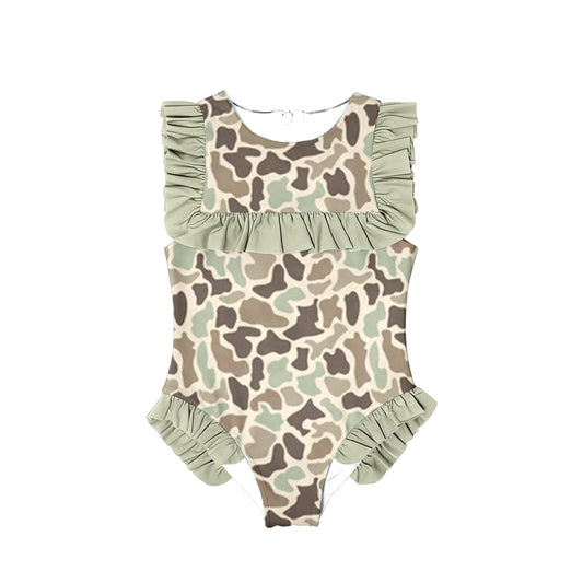 (Pre-order)S0595  Camo Print Girls Summer Ruffle 1 Piece Swimsuits