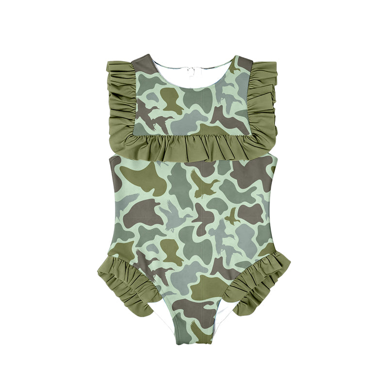 (Pre-order)S0596  Duck Green Camo Print Girls Summer Ruffle 1 Piece Swimsuits