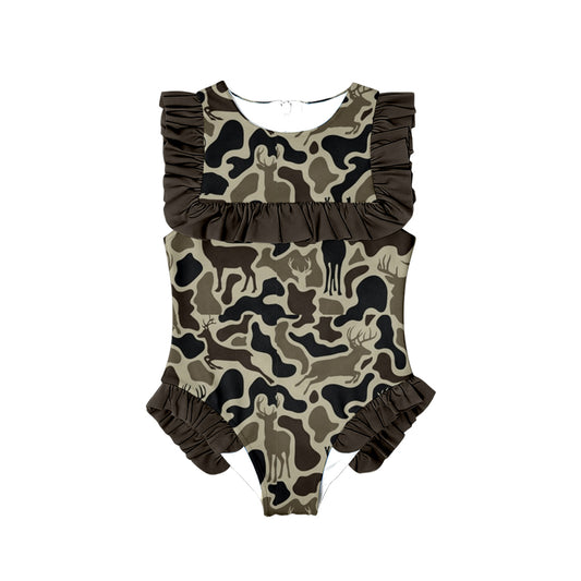 (Pre-order)S0597  Deer Dark Brown Camo Print Girls Summer Ruffle 1 Piece Swimsuits