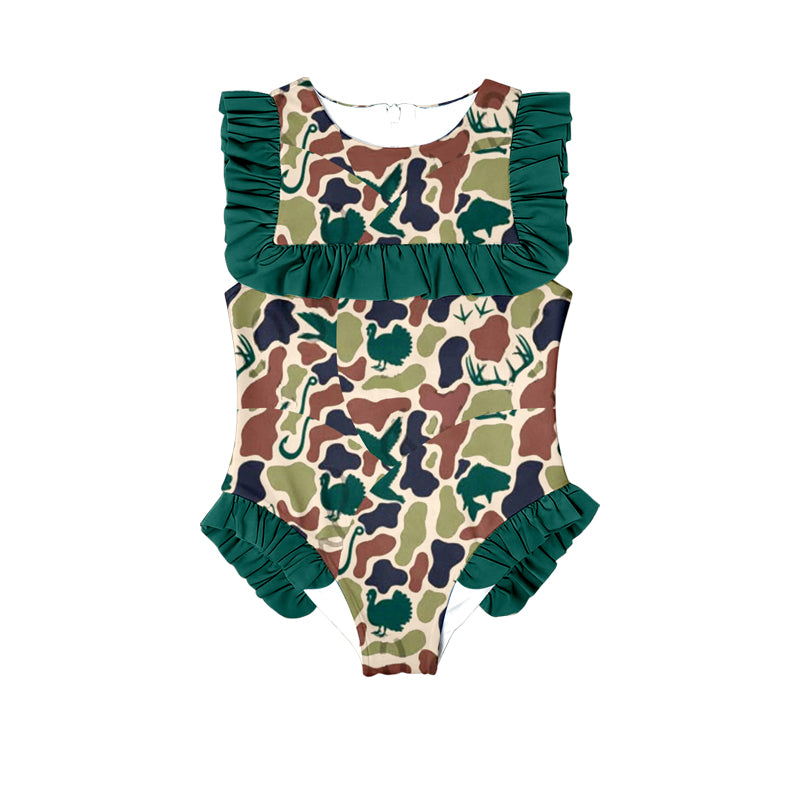(Pre-order)S0598  Green Brown Camo Print Girls Summer Ruffle 1 Piece Swimsuits