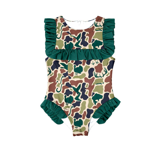 (Pre-order)S0598  Green Brown Camo Print Girls Summer Ruffle 1 Piece Swimsuits