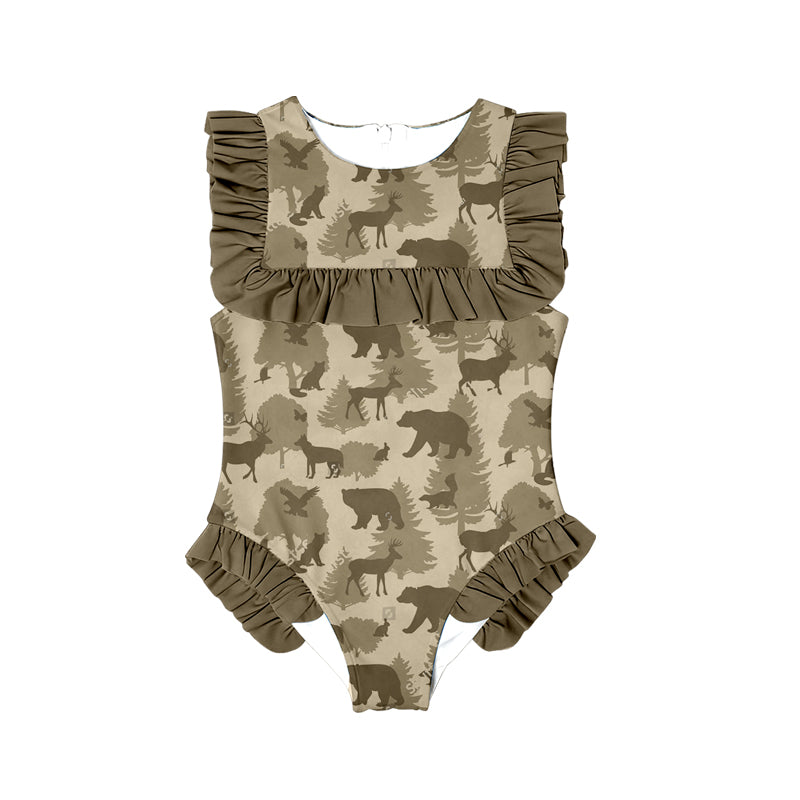 (Pre-order)S0599  Animals Camo Print Girls Summer Ruffle 1 Piece Swimsuits