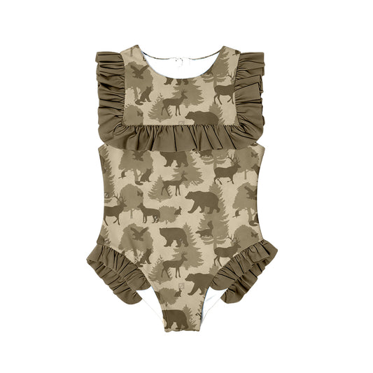 (Pre-order)S0599  Animals Camo Print Girls Summer Ruffle 1 Piece Swimsuits