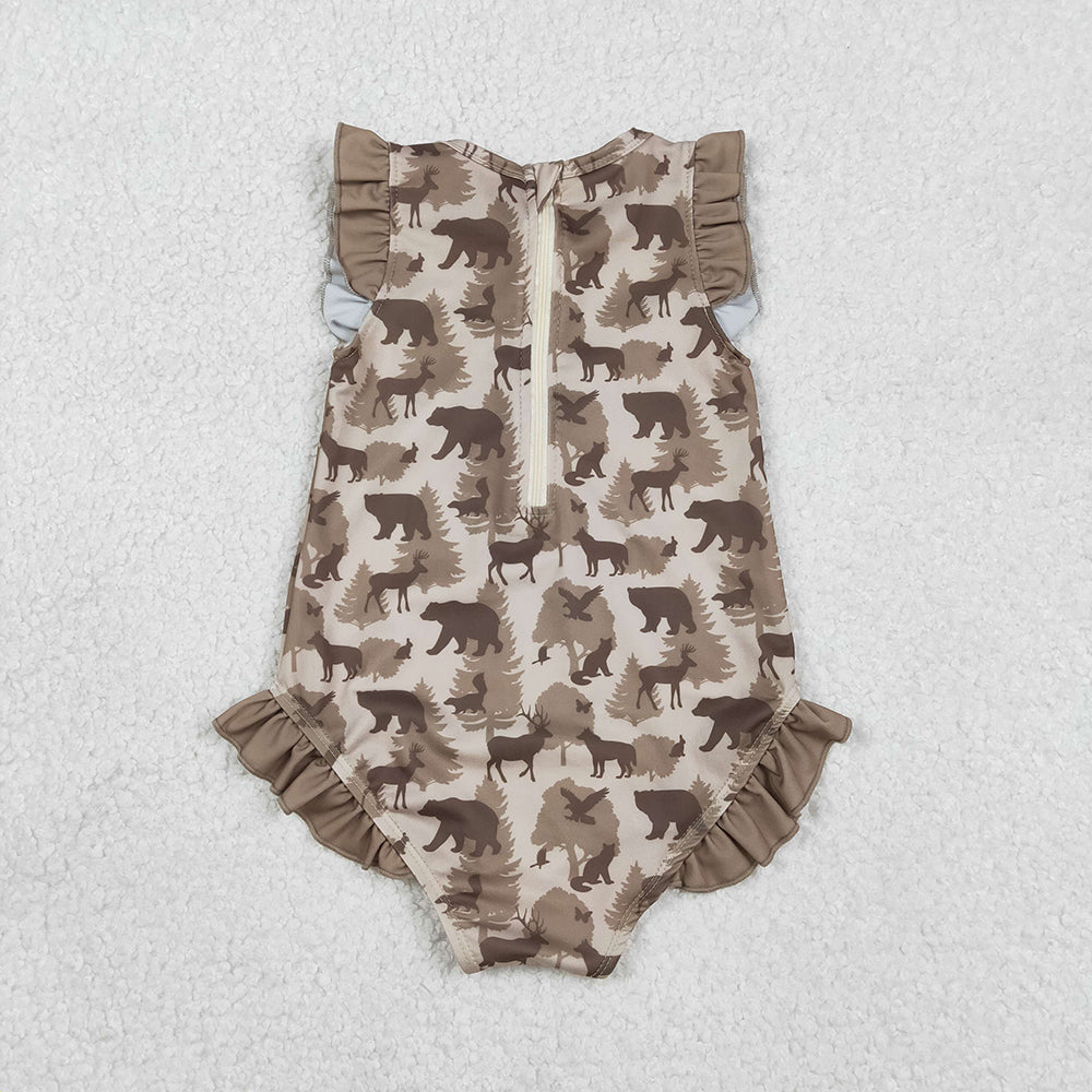 S0599 Animals Brown Camo Print Girls Summer Ruffle 1 Piece Swimsuits