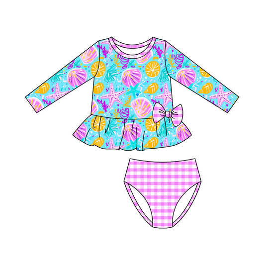 (Pre-order)S0600 Shell Starfish Long Sleeve Top Plaid Shorts Girls 2 Pieces Swimsuits