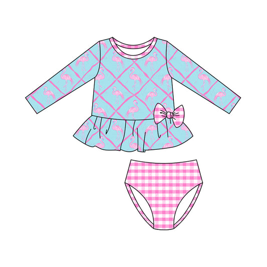 (Pre-order)S0601 Flamingo Long Sleeve Top Plaid Shorts Girls 2 Pieces Swimsuits