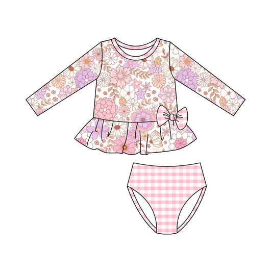(Pre-order)S0602 Pink Flowers Long Sleeve Top Plaid Shorts Girls 2 Pieces Swimsuits