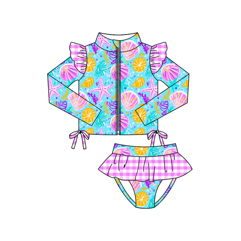 (Pre-order)S0603 Shell Starfish Zipper Long Sleeve Top Ruffle Shorts Girls 2 Pieces Swimsuits