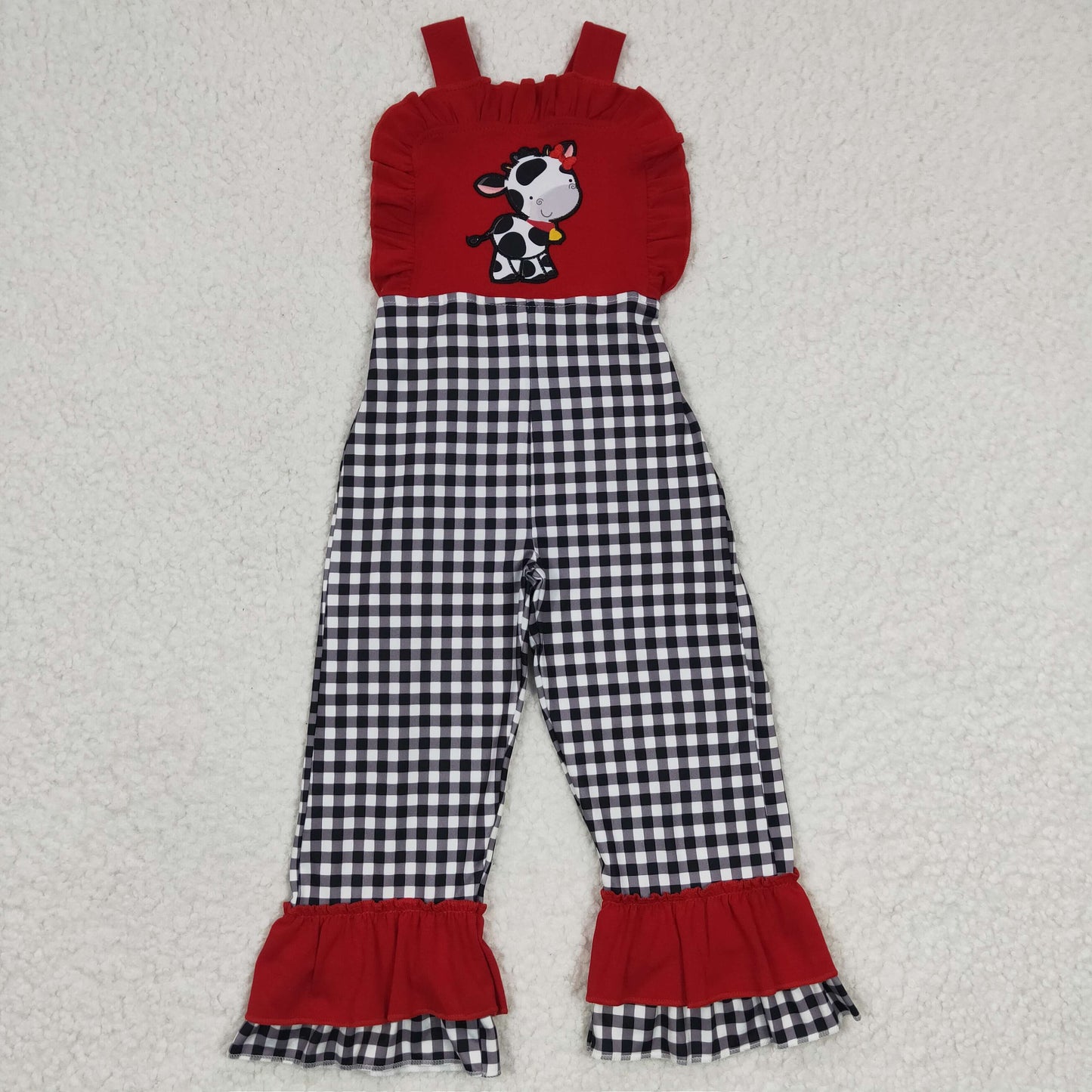 (Promotion)Cow Embroidery Red Top Plaid Pants Sibling Matching Clothes Set
