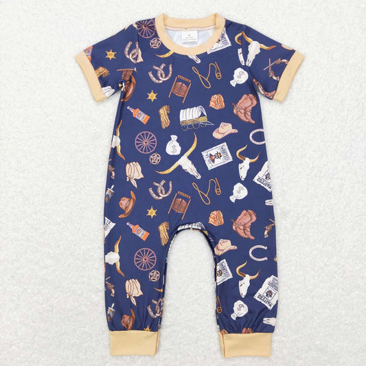 (Promotion)SR0187 Cow Skull Western Print Baby Boys Romper