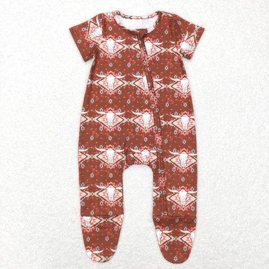 (Promotion)SR0199 Baby Cow Skull Print Western Footie Romper