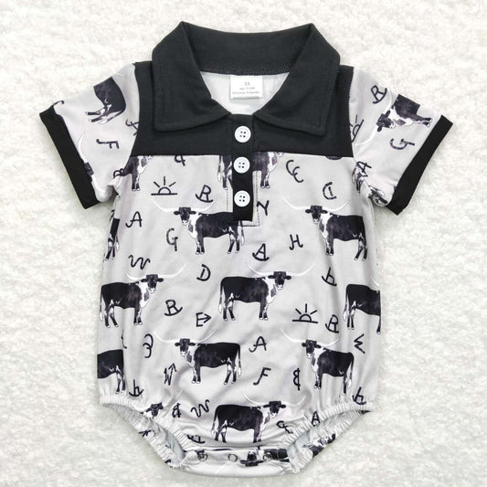 SR0220 Baby Boys Black Cow Print Western Romper