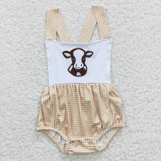 (Promotion)SR0313 Baby boys brown cow print embroidery summer romper
