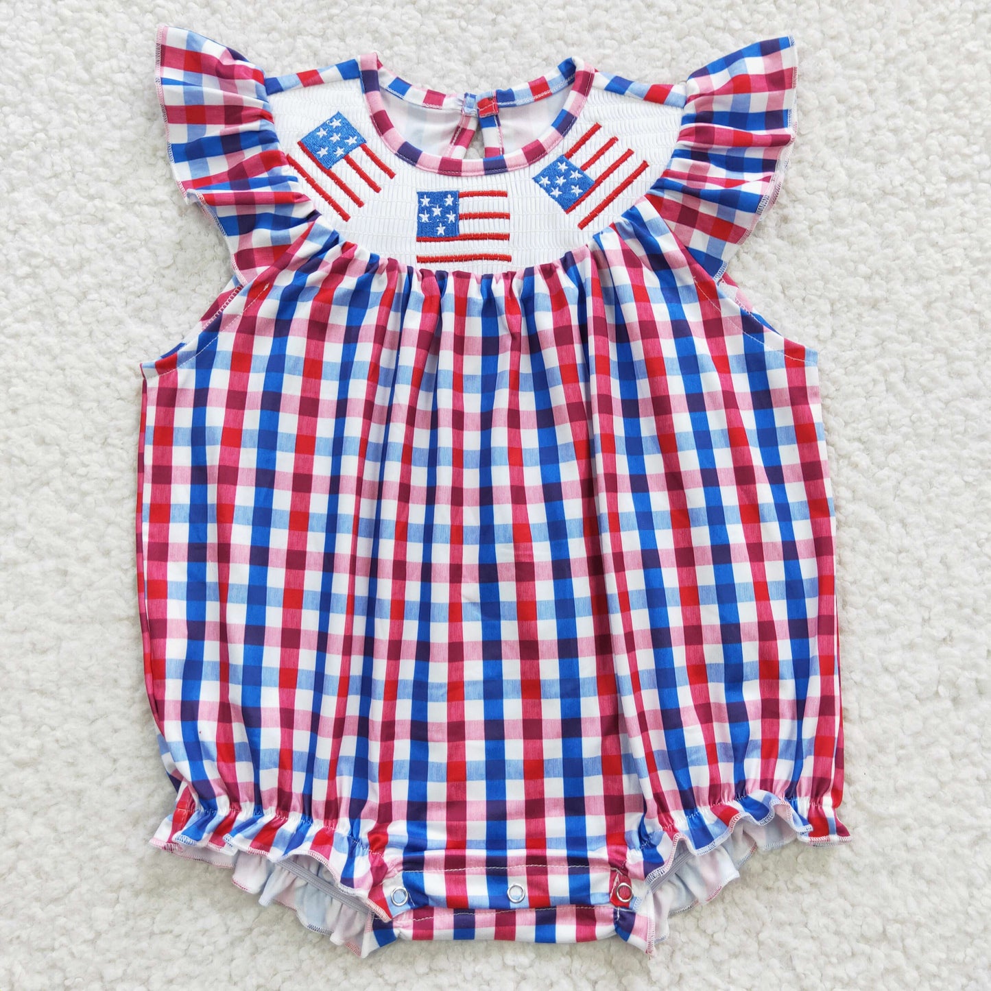 SR0388 Flag Embroidery Plaid Baby Girls 4th of July Smocked Bubble Romper