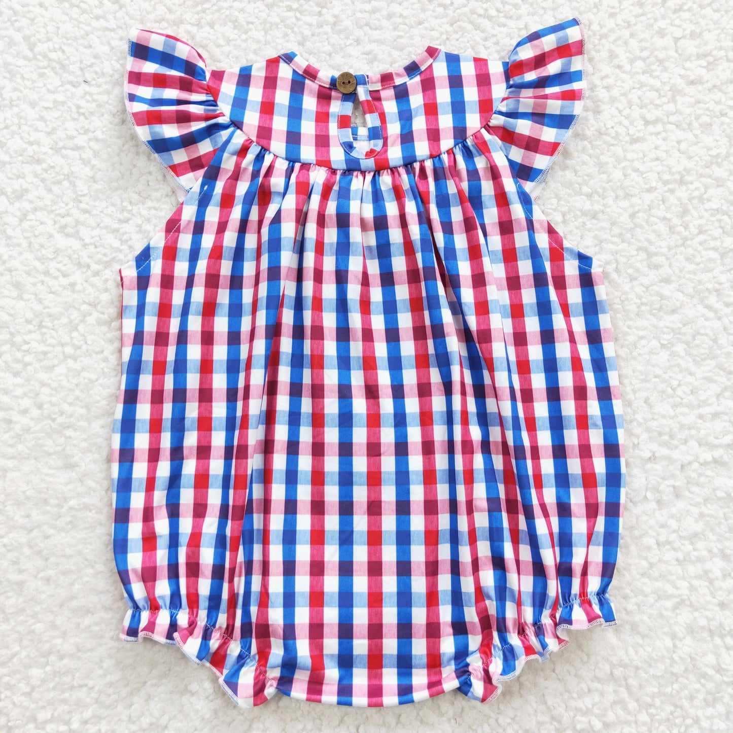 SR0388 Flag Embroidery Plaid Baby Girls 4th of July Smocked Bubble Romper