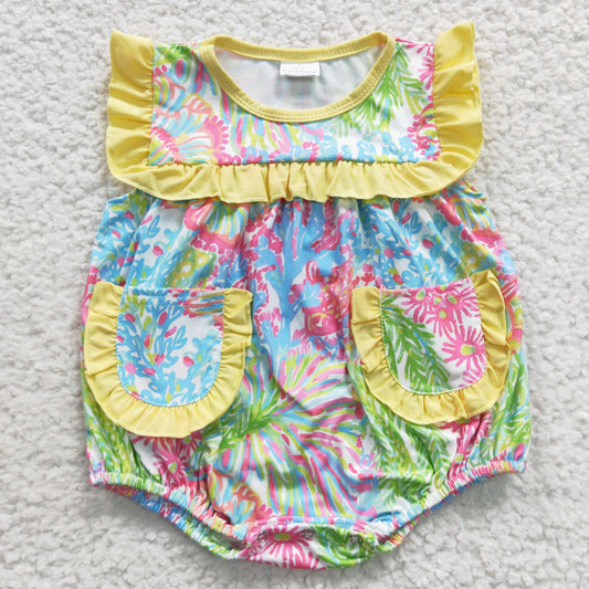 SR0391 Flowers pockets sleeveless ruffles girls summer romper
